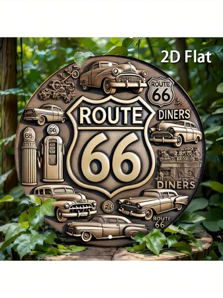 [2D Flat] Route 66 Vintage   Wall Art - Retro Aluminum Sign With Classic Cars & Americana Theme, 8x8 Round Decor For Home, Garage, Cafe, Or Dining Room - 鏽棕色 - 查看 1