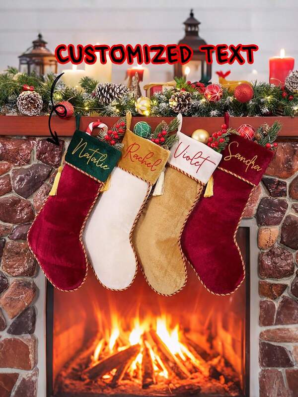 Personalisierte Weihnachts-Geschenksocken mit großer Kapazität, Transferdruck-Buchstaben, zweifarbige Flicken-Namensquaste-Socken, Samt-Buchstaben-Weihnachtsbaum-Hängedekoration, Heimdekoration, Weihnachtsstrumpf-Ornament, Weihnachtsdekoration Geschenksocken