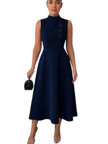 Women's Elegant Evangelical Sleeveless Midi Dress, High Neck With Side Buttons, Chic Tailoring, Casual And Party Wedding Dress - Màu xanh hải quân - Xem 2