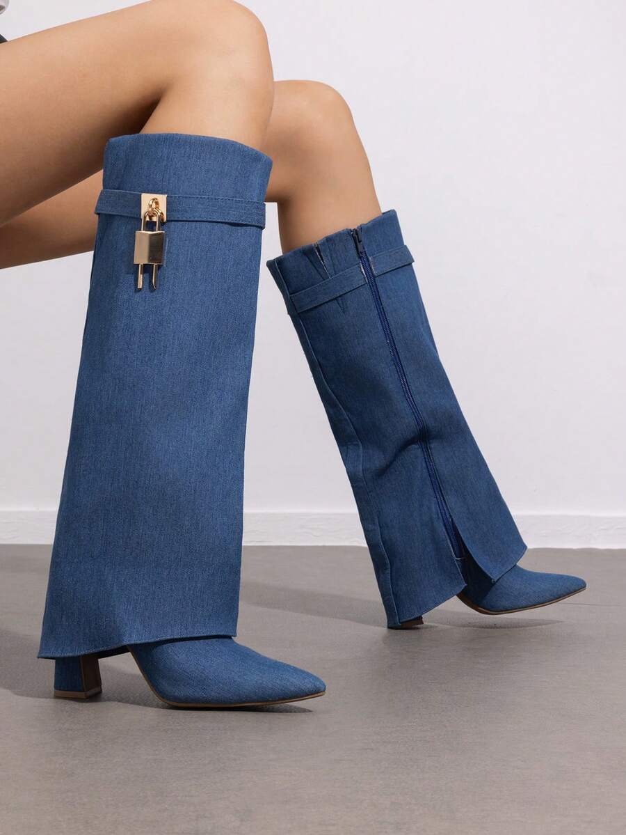 Women's High Heel Knee-High Boots Fold Over Cuff Padlock Pointed Toe Side Zipper Y2K Party Festival Tall Boots For Fall And Winter - 藍色 - 查看 1