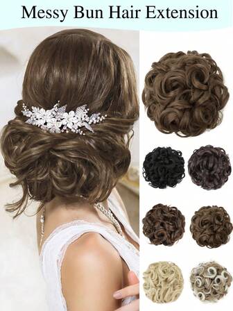凌乱卷曲盘发髻，凌乱发髻发片，合成凌乱发髻发圈，发髻接发易拉伸发梳夹，短款凌乱卷曲盘发髻接发