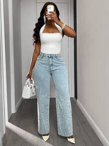 女士珍珠铆钉直筒牛仔裤 - 淺色水洗藍 - 查看 5