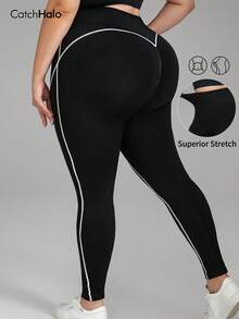 Plus Size Women Contrast Binding High Waist Workout Legging, Seamless Tummy Control Sports Yoga Pants, All Season Versatileshi Casual Daily Wear - 黑色 - 查看 10