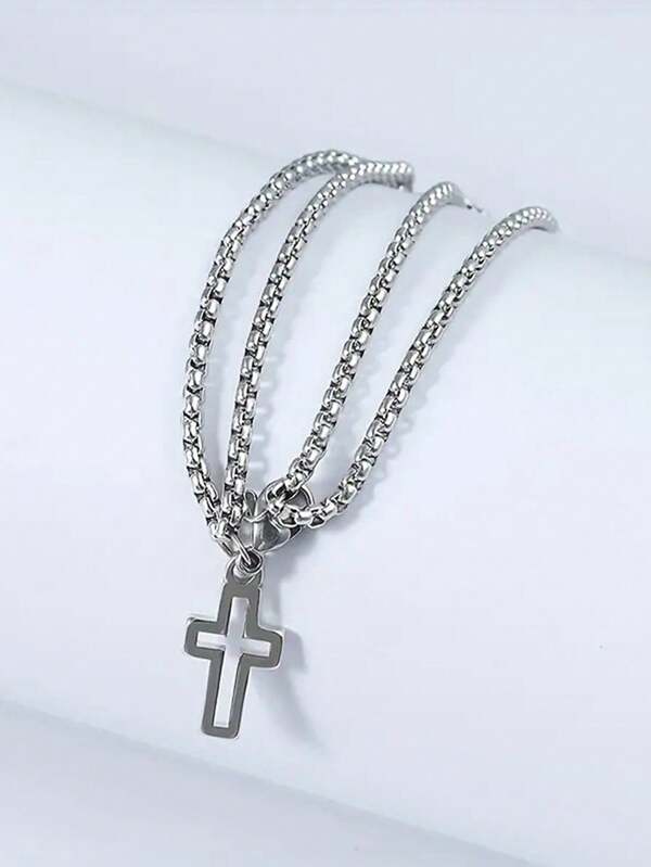 1pc Hollow Cross Double Chain Titanium Steel Men's Bracelet, Dual Layer Personalized Bracelet