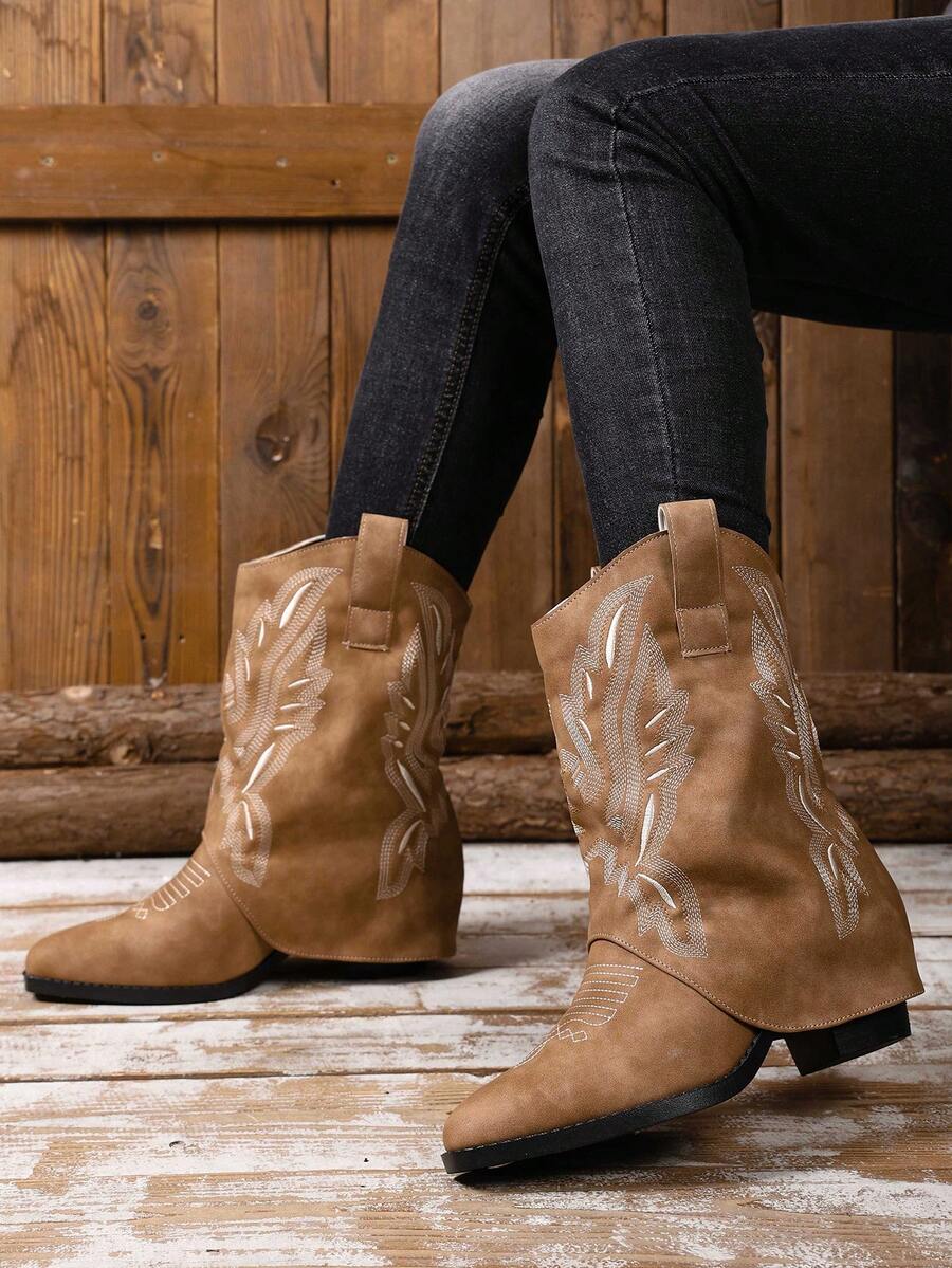 Damen Stickerei Slip-On Plateau Absatz Stiefel bis zur Mitte des Knöchels, modische einfarbige Stiefel für Herbst/Winter