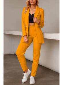 Elegante conjunto de traje liso de manga larga con cuello chal y doble botón para mujer, con bolsillos, para oficina y trabajo. - Mostaza Amarilla - Ver 3