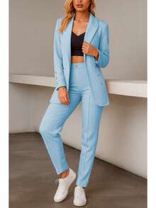 Elegante conjunto de traje liso de manga larga con cuello chal y doble botón para mujer, con bolsillos, para oficina y trabajo. - Neblina azul - Ver 3