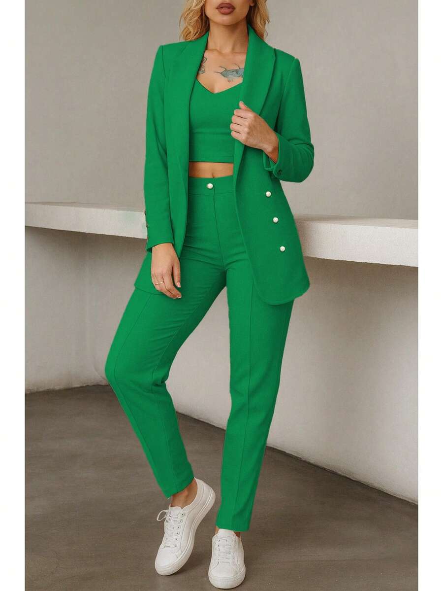 Conjunto elegante de blazer y pantalón de manga larga con cuello chal y doble botonadura para mujer, tejido elástico medio.