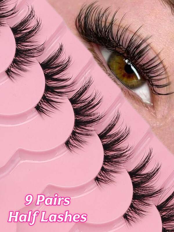 9 Pairs Half Lashes Natural Look Cat Eye False Eyelashes Manga Eyelashes Natural Clear Band Lashes Short Soft 3d Faux Mink Eyelashes Wispy Fluffy Faux Mink Lashes Eyelash Extension Tool