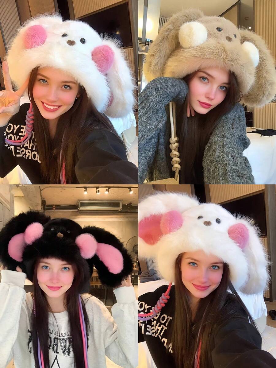 1 pieza Gorro de orejeras de felpa cálido de otoño/invierno, Sombrero de cubo con orejas de conejo lindo, Sombrero de invierno grueso y esponjoso para mujer - Multicolor - Ver 1
