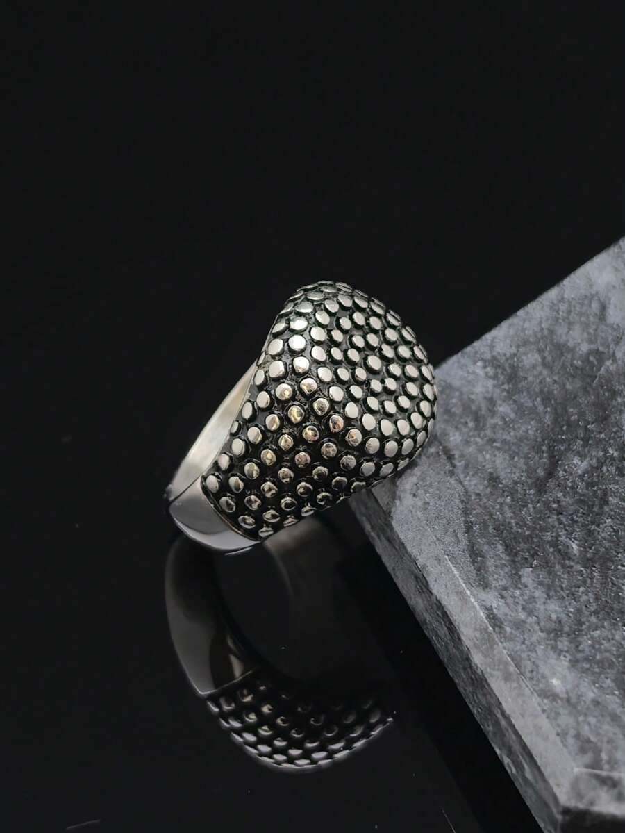 Nhẫn nam bằng thép không gỉ 316 mặt tròn, màu bạc cổ điển, phong cách Hip-Hop. - Màu Bạc Cổ - Xem 1