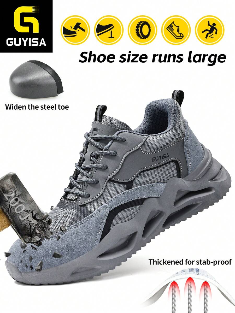 GUYISA Giày bảo hộ nam mũi thép, đế EVA chống va đập, chống đâm thủng, dày, mềm mại, thoải mái, phù hợp với mọi mùa, cổ thấp, công trường xây dựng, giày làm việc, thời trang thoáng khí - Xám - Xem 1