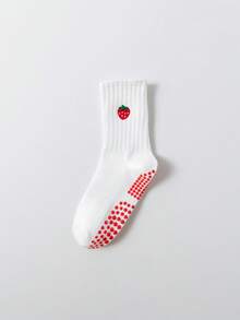 1/2/3 Pairs Women's Pilates Non-Slip Yoga Socks, Grip Socks With Traction, Neutral Hospital Socks, Ankle Support, Shock-Absorbing Sports Socks, Soft And Comfortable All-Season Grip Socks, Cute Embroidered Strawberry, Avocado, Cherry Patterns, White Socks - Multicolor - View 13