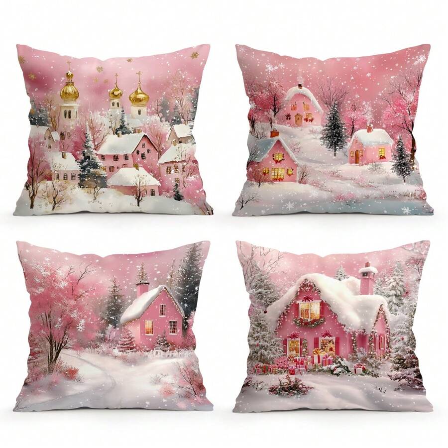 4pcs Pink Christmas Cabin Printed Cushion Cover Set, 45*45cm - Multicolor - View 1