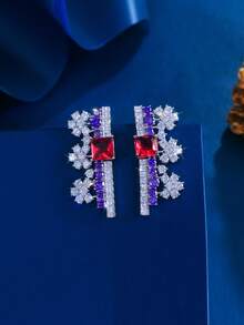 1 Pair Symmetrical Purple And Rose Red Cubic Zirconia Luxury Gorgeous Dangle Drop Long Pageant Earrings For Women Festival Jewelry