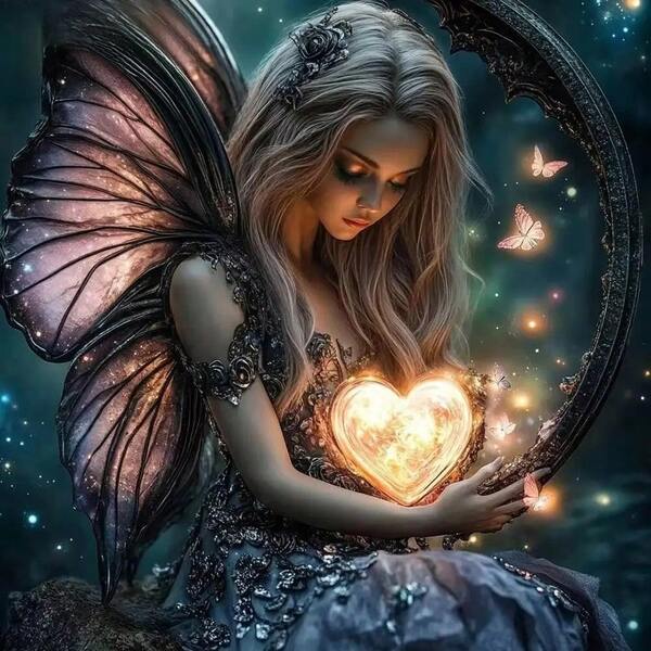 1pc 5D DIY Diamond Painting Kit - Enchanting Fairy With Heart-Shaped Wings, Full Round & Square Drill Heads, Mysterious Home Decor Art Craft, Diamond Art