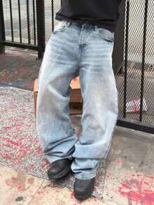 男士浅蓝色水洗牛仔裤，复古街头风宽松直筒裤 - 薄荷藍 - 查看 3