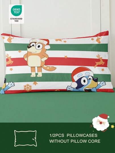 Bluey Bluey 1/2pcs Cartoon Christmas Breathable Pillowcase, Soft And Skin-Friendly, Bluey Red And Green Christmas Cartoon Pattern, Christmas Bedding, Soft Pillow Cover, With Envelope Closure, Wrink-Free, Christmas Pattern Pillowcase, Better For Hair Skin Sleep, Pillow Covers Without Filling For Bedroom, Pillow Cases, Christmas Pillow, Christmas Pillow Covers