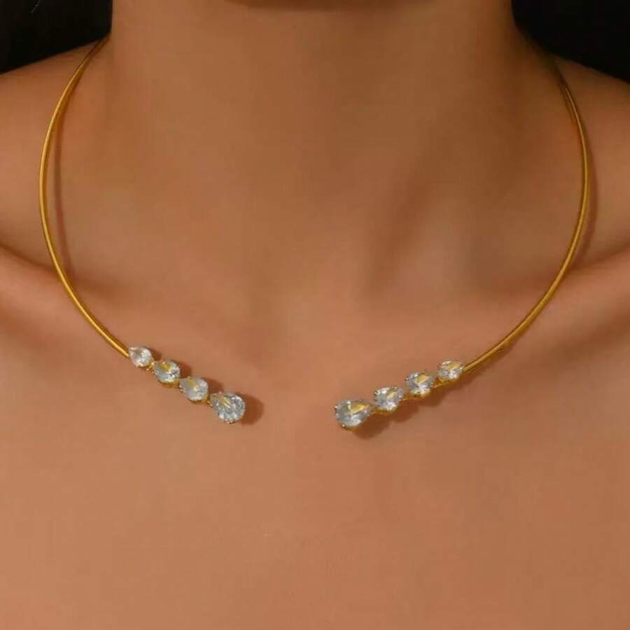 Colier tip choker deschis cu zirconiu strălucitor de lux, colier cu strasuri de înaltă calitate pentru femei, accesoriu elegant și versatil pentru colier