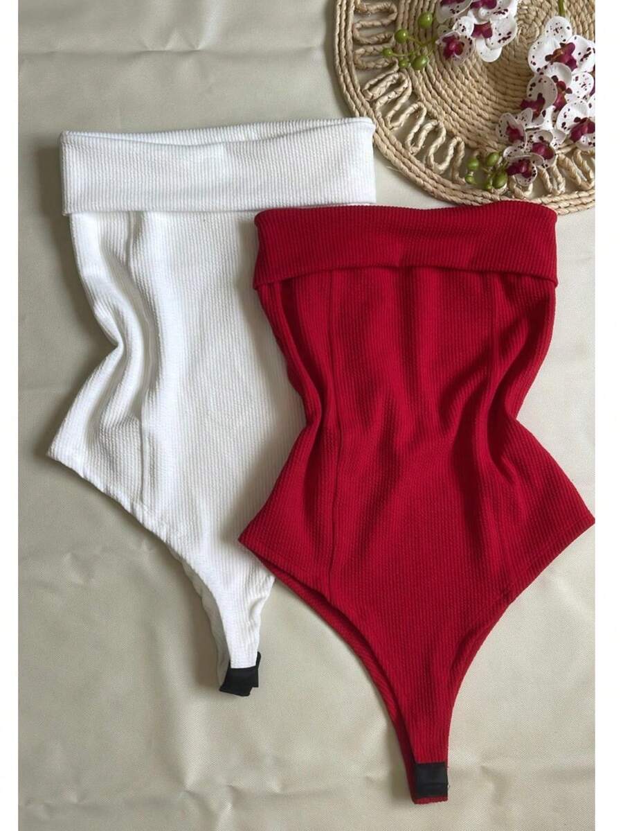 Kit Two (2) Women's Strapless Bodysuits Versatile Elegant Comfortable Spring Summer - Red and White - View 1