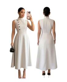 Women's Elegant Evangelical Sleeveless Midi Dress, High Neck With Side Buttons, Chic Tailoring, Casual And Party Wedding Dress - 米色 - 查看 6