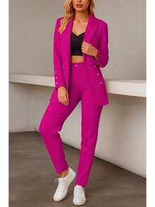 Elegante conjunto de traje liso de manga larga con cuello chal y doble botón para mujer, con bolsillos, para oficina y trabajo. - Lila Púrpura - Ver 3