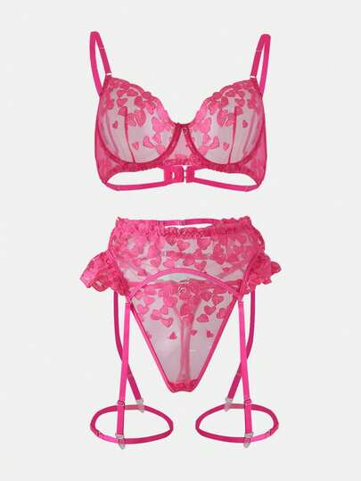 Conjunto de lencería sexy para mujer con sujetador con soporte de acero, faja portaligas y bordado de flores, set de 3 piezas