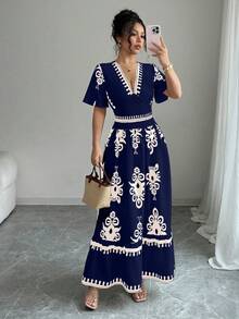 Mujeres Vintage Impreso Cuello en V Cintura Cincha A-Line Hem Vestidos,vestidos elegantes para dama - Azul Marino - Ver 3