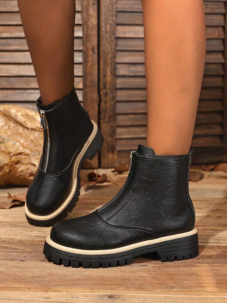 Punk Urlaub Frühling/Herbst Damenschuhe Plateau Vorderer Reißverschluss Stiefel Schwarze Stiefel Britischer Stil Hohe Schuhe Knöchelstiefel Braune Plateau Stiefel Modische Schuhe