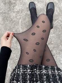 1 Pair 200g Autumn And Winter Simple Tight Weight Loss Pantyhose, Even Size Tights, Warm Tights, Women's Velvet Warm Stockings, High-Waisted Elastic Weight Loss Sexy Semi-Transparent Pantyhose, Tight Underwear, Star Love Polka Dot Bow Multi-Pattern Styles - Black - View 7