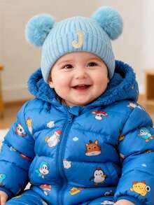 1PC Baby A-Z Letter Knitted Caps Kids 0-3Y Winter Warmth, Double-Layer Thickening Baby Wool Knitted Bonnet Newborn Baby Hat Double Pompom Cute Hat For Kids Boys Girls Children Beanie Cap