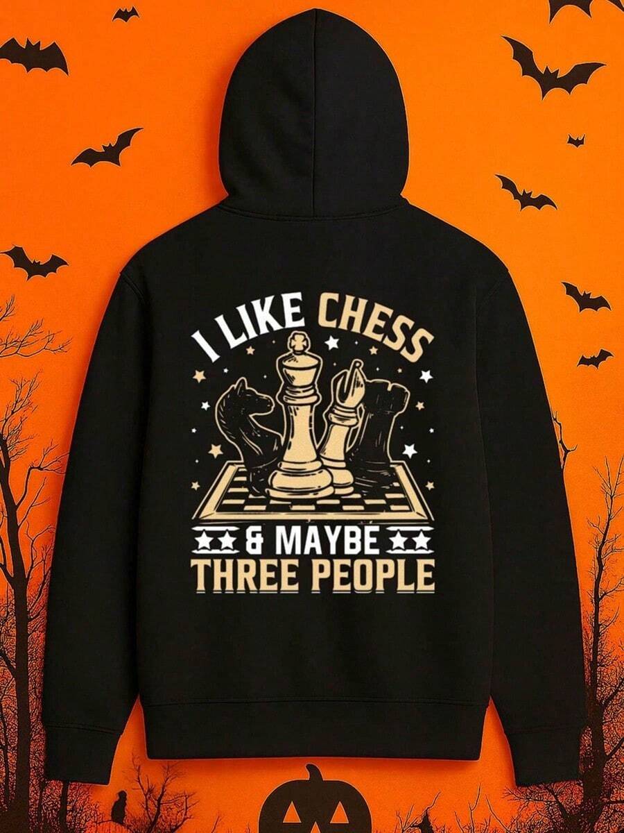 1pc Men'S Chess-Themed Graphic Hooded Sweatshirt - I Like Chess & Maybe 3 People Slogan, Black Chess Piece Design, Regular Fit Casual Streetwear Pullover For Fall Winter, Christmas Gift For Chess ,Fall Hoodies,Men's Fall Clothes,Street Wear,Halloween,Mens Hoodies,Y2k Clothes,Jesus Hoodie,Thanksgiving Day,Nightmare Before Christmas,Christmas - 黑色 - 查看 1