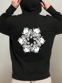 Men's Gothic Oni Mask Print Hooded Sweatshirt - Black & White Manga-Inspired Casual Pullover, Comfortable Warm Hoodie For Everyday & Themed Events, Machine Washable Regular Fit Long Sleeve With Sp,Fall Hoodies,Men's Fall Clothes,Street Wear,Halloween,Mens Hoodies,Y2k Clothes,Jesus Hoodie,Thanksgiving Day,Nightmare Before Christmas,Christmas - 黑色 - 查看 1