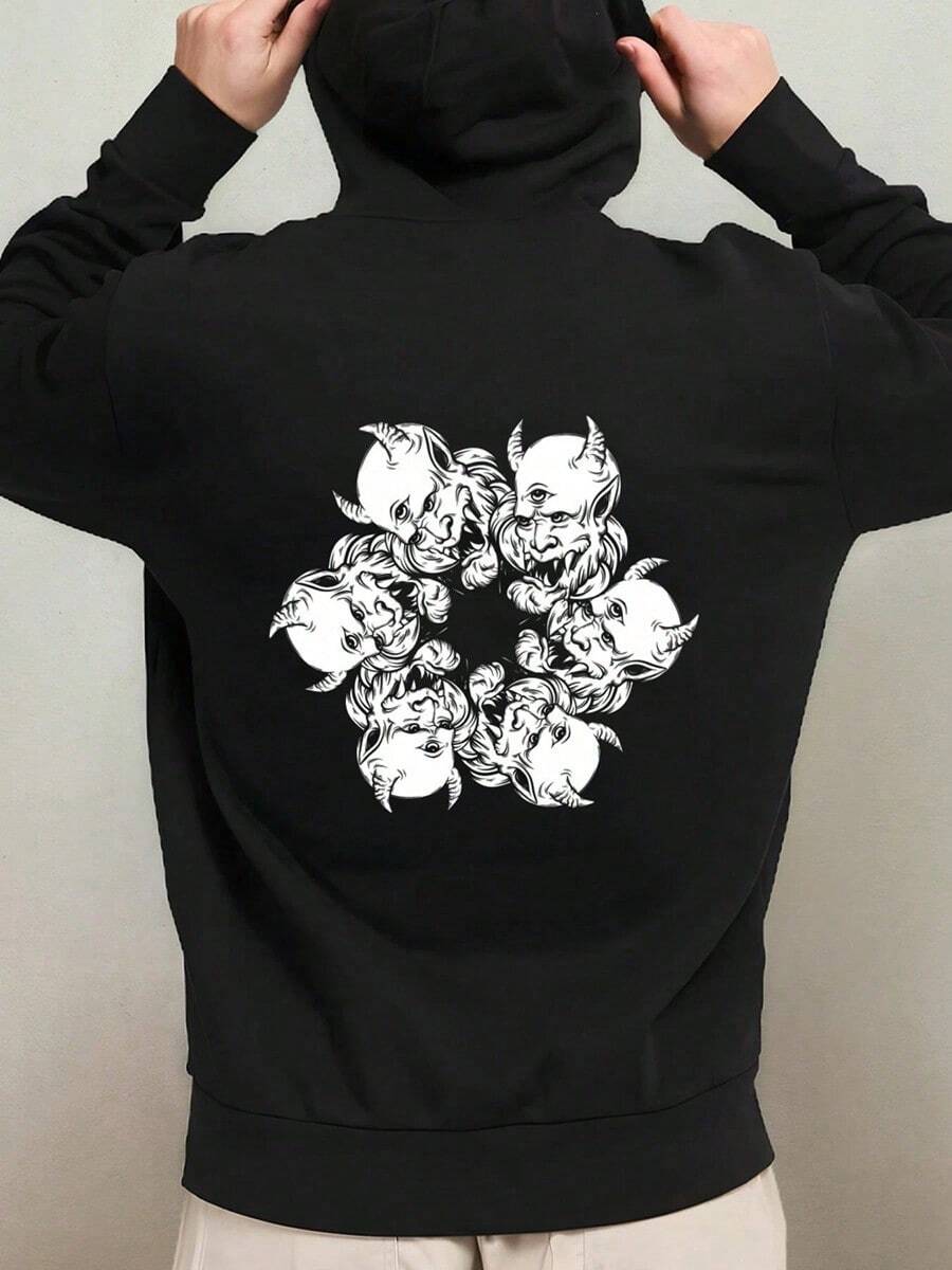 Men's Gothic Oni Mask Print Hooded Sweatshirt - Black & White Manga-Inspired Casual Pullover, Comfortable Warm Hoodie For Everyday & Themed Events, Machine Washable Regular Fit Long Sleeve With Sp,Fall Hoodies,Men's Fall Clothes,Street Wear,Halloween,Mens Hoodies,Y2k Clothes,Jesus Hoodie,Thanksgiving Day,Nightmare Before Christmas,Christmas - 黑色 - 查看 1