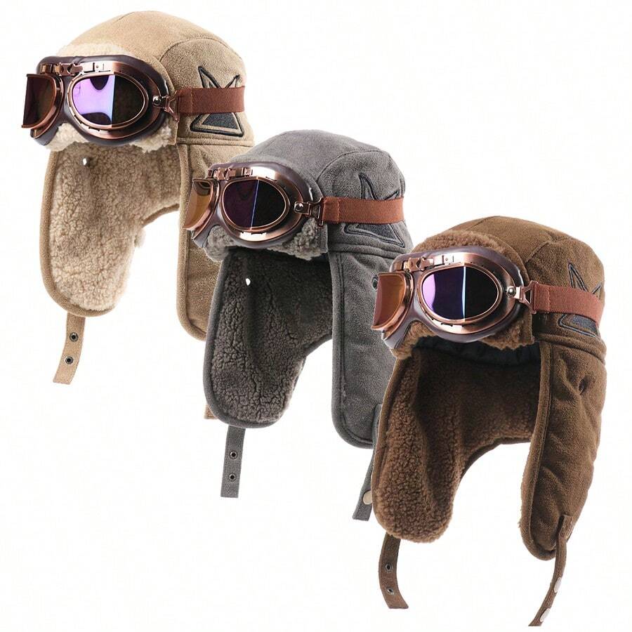 1pc Reversible Vintage Goggles Ushanka Hat, Unisex Warm Winter Cap For Outdoor Cycling Skiing Aviator