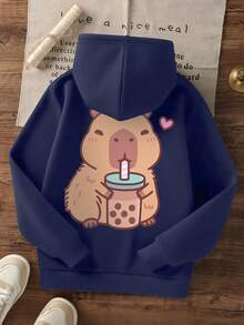 1pc Tween Girl Casual Printed Pullover Sweatshirt, Thermal Lined, Long Sleeve, Autumn/Winter - Navy Blue - View 3