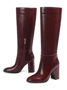 Women's Knee High Boots Chunky High Heel Tall Boots With Side Zipper Fashion Elegant Business Work Fall Wide Calf Boots Woman - Màu Đỏ Sâu - Xem 3