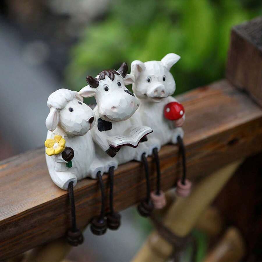 Figura decorativa de cerdo, oveja y vaca con patas colgantes, de resina, para macetas y césped. - Multicolor - Ver 1