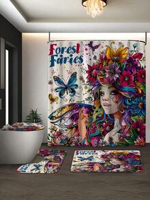 1/3/4 Stücke "Waldfeenhafte" künstlerische wasserdichte Duschvorhang-Set, Vintage Blumen- & Schmetterlingsmuster, Digitaldruck, Polyestermaterial, wasserdichter Duschvorhang, ohne Bohren erforderlich, Badezimmer-Raumteiler, Duschvorhang-Set beinhaltet U-förmige Matte, rutschfeste Badezimmermatte, Toilettenmatte und Badezimmer-Accessoires, geeignet für Heimdekoration, Feiertage, tägliche Dekoration, Weihnachtsdekoration, Badezimmerdekoration, Duschdekor, ein ideales Geschenk