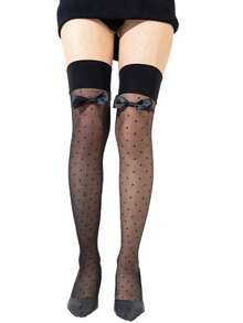 1 Pair Black Sexy Lace Top Thigh High Stockings With Bow Polka Dot Pattern