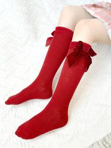 1 双女孩蝴蝶结装饰中筒袜，四季皆宜，舒适 - 紅色 - 查看 2