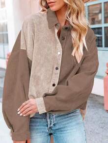 女式秋冬拼色灯芯绒宽松休闲外套 - 棕色 - 查看 5