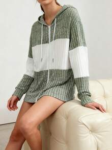 Women's Casual Contrast Hooded Drawstring Zip Jacket - Olive Green And White Contrast Color Block Stitching, Lightweight Stretch, Machine Washable Spring, Fall, And Summer Campus Style Jacket, Zipper Sweatshirt - màu xanh lá - Xem 2