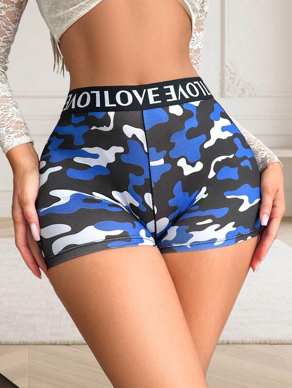 Women's Sports Camouflage Rint Sports High Waist Boxer Pants Contrast Color Letter Webbing Stitching