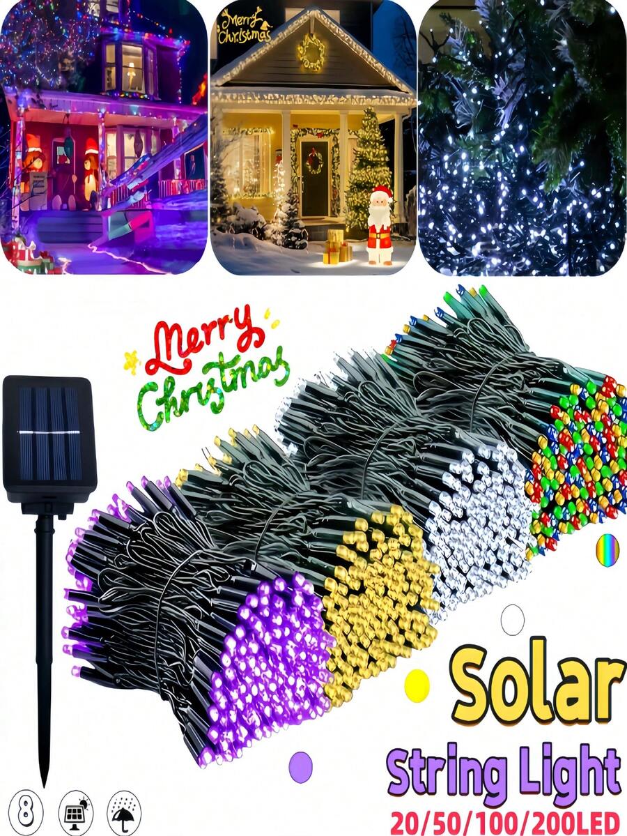 1pc Outdoor Solar String Lights - 20/50/100 LED Bulbs, 8 Lighting Modes, IP65 Waterproof, Suitable For Yard, Fence, Balcony, Party, Christmas Tree, Wedding, Garden Decor