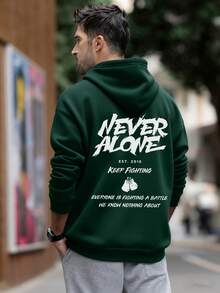 男士秋冬“永不独行”励志花卉字体印花抽绳连帽卫衣，长袖上衣 - 綠色 - 查看 3