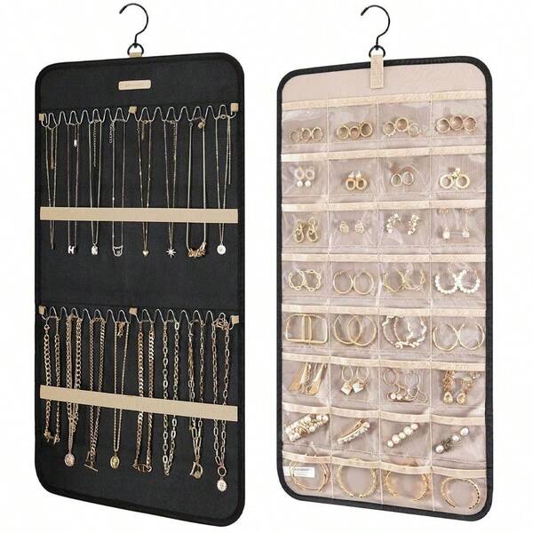Rolo de armazenamento de joias pendurado com gancho de metal, suporte de joias de dupla face para brincos, colares, anéis, pode ser pendurado no guarda-roupa, parede, porta, 1 peça