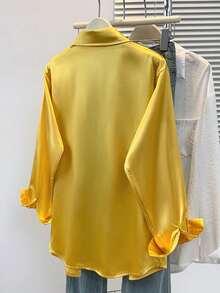 Women's Satin Shirt, Business Casual Button-Down Blouse With Notch Lapel, Elegant Office & Lounge Top For Fall Winter Spring