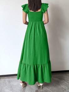 女士春季穿搭、女士夏季穿搭、度假连衣裙、红色、时尚休闲、纯色、简约舒适、无肩带连衣裙、系列设计、优雅短袖连衣裙 - 綠色 - 查看 2