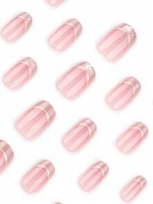 24 pezzi Adesivi per unghie corte e quadrate, stile francese con bordi dorati, glitter semplici e indossabili, set adatto per donne per uso quotidiano, appuntamenti e feste (con: 1 pezzo di colla gel e 1 lima)